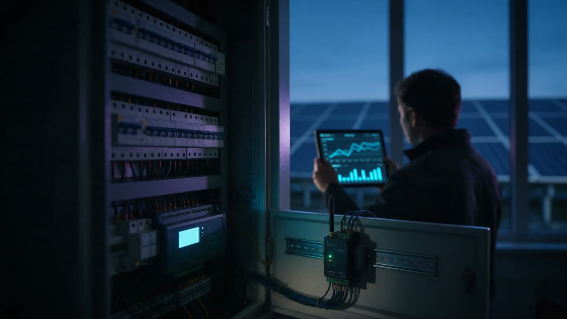 Bir fabrikanın trafo ve pano odasında açık bir dağıtım panosu: enerji analizörünün ekranı ve 4G ağ geçidinin ışıkları yanıyor; arkada bir mühendis tabletten canlı tüketim grafiğine bakıyor, pencereden bir güneş santrali görünüyor.